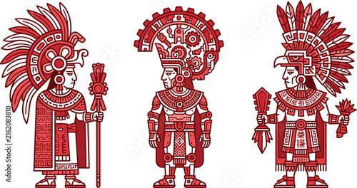 Canvastavla Three ancient Aztec warrior chiefs wearing elaborate ceremonial feather headdres