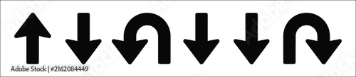 Direction arrow vector icon collection featuring U-turn, go straight, this way, one-way, left and right navigation symbols for road signs, maps, GPS, and wayfinding.