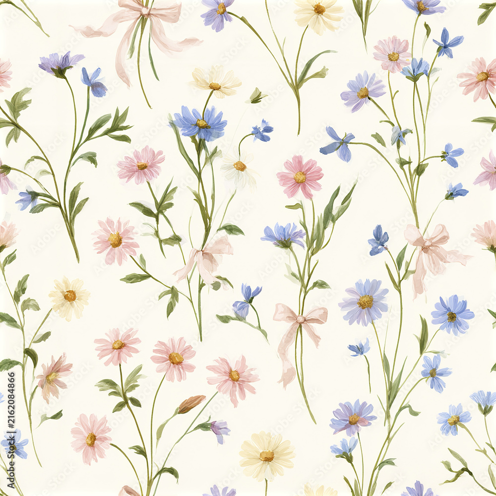 Obraz premium Delicate pastel ditsy floral seamless pattern featuring tiny pink, blue, and cream flowers with green leaves and soft ribbon
