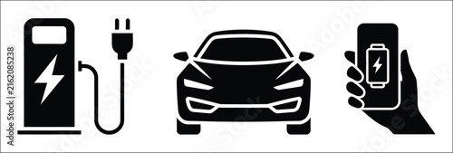 Electric vehicle charging station vector illustration connected to a car with a hand holding a smartphone, representing EV charging, mobile control, smart transportation, and clean energy technology.