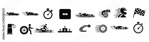 Set of Racing Icons: A collection of black and white graphic icons illustrating various elements of motorsports, including race cars, stopwatch, checkered flag, pit stop, and podium.