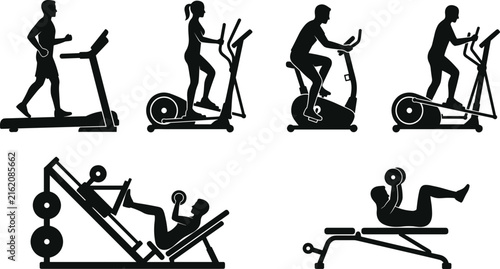 Cardio and gym training vector collection featuring athletic people exercising on treadmill stationary bike and fitness machines