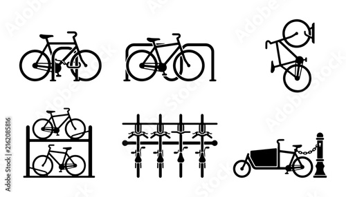 Bicycle Parking Racks, Bike Storage Solutions, Urban Cycling Infrastructure Icons