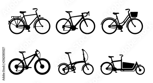 Diverse Bicycle Icons Set, Urban Commuter, Road Bike, Cargo Bike, Folding Bike, Vector Graphics