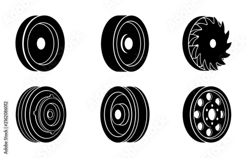 Set of Six Black and White Wheel Icons, Vehicle Tires, Mechanical Parts, Industrial Design Elements