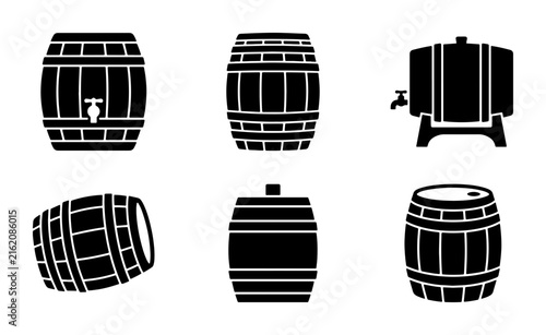 Wooden Barrels Collection, Vintage Storage Containers, Rustic Beverage Casks, Set of 6 Icons