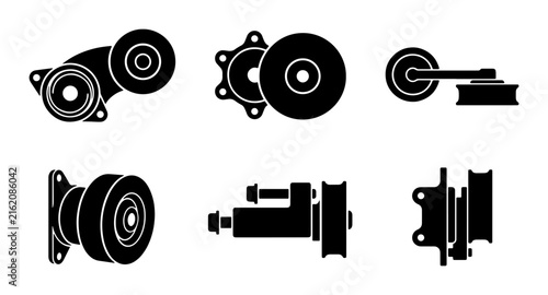 Automotive Belt Tensioner Icons, Mechanical Pulley Set, Industrial Component Vector Graphics