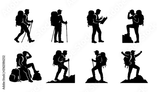 Silhouette Hikers Collection: Mountain Trekking, Adventure, Outdoor Exploration Vector Set