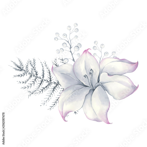 Watercolor composition of a white flower with blue foliage and a branch of an evergreen plant.
