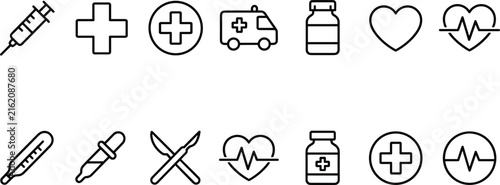  Medical and healthcare vector icon set featuring syringe ambulance medicine bottle scalpel and heartbeat line art symbols
