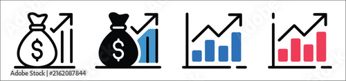 Financial growth vector icon collection featuring money bag, rising bar chart, profit increase, business success, investment, revenue growth, and productivity symbols in flat and outline styles.