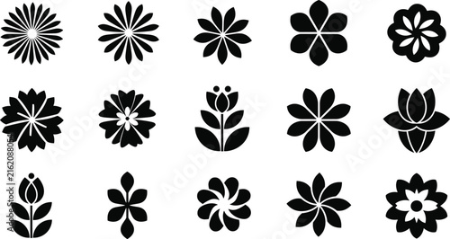 Black Floral Silhouette Icon Set with Various Flower Shapes and Botanical Elements, Minimal Vector Collection for Nature, Decoration and Pattern Design