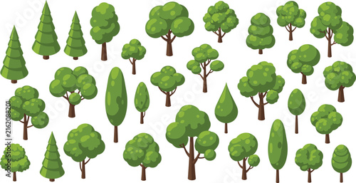 Cartoon Tree Collection with Various Shapes and Green Foliage, Forest and Park Nature Illustration Set for Landscape, Game Assets and Environmental Design