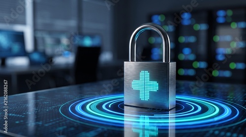 Padlock featuring glowing digital plus symbol representing healthcare data security protection inside a modern professional high tech server room environment
