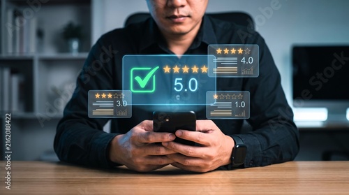 Customer feedback review showing five star rating on digital smartphone interface with businessman holding mobile device in modern office