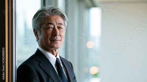 窓際で信頼のおける穏やかな笑顔を浮かべるミドルシニア男性