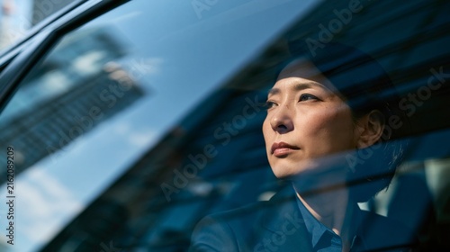 車の窓ガラス越しに見る物憂げな表情をしたスーツ姿の女性