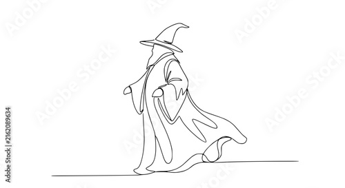 Obraz na płótnie Wizard in a Hat, Continuous Line Drawing, Fantasy Character, Isolated