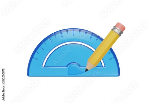 Blue protractor and yellow pencil icons isolated on white background