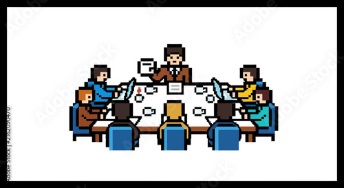 Pixel art illustration of a corporate team meeting around a conference table
