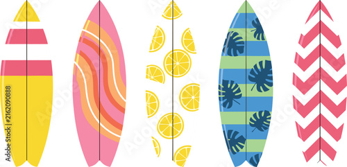 Colorful Surfboard Set with Tropical Patterns and Summer Designs, Beach Sport Illustration Collection for Vacation, Ocean and Coastal Lifestyle