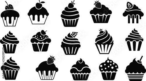 Cupcake Silhouette Icon Set with Various Frosting Styles and Toppings, Black Dessert Vector Collection for Bakery, Cafe Menu and Sweet Food Design