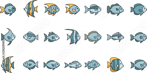 Cute Fish Character Icon Set with Various Cartoon Sea Creatures, Colorful Marine Life Collection for Ocean, Aquarium, Kids Design and Illustration