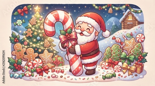 Cute santa claus holding a giant candy cane in a magical winter scene