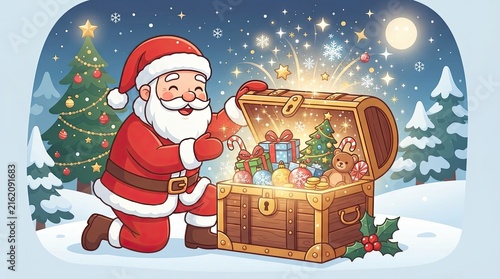 Happy santa claus opening a treasure chest full of christmas gifts