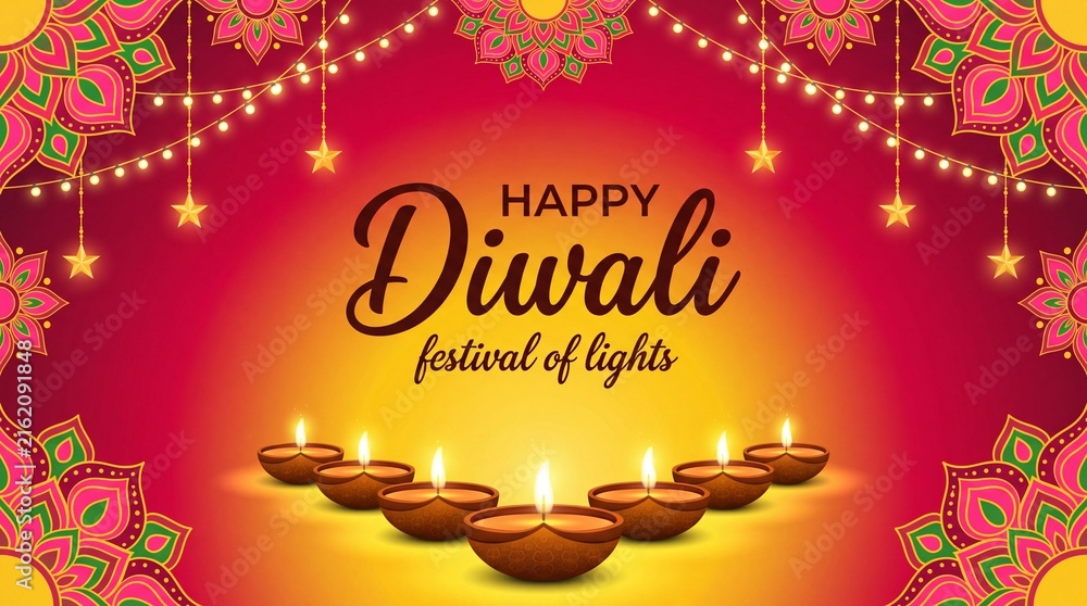 Naklejka premium beautiful happy diwali background with lights and mandala decoration