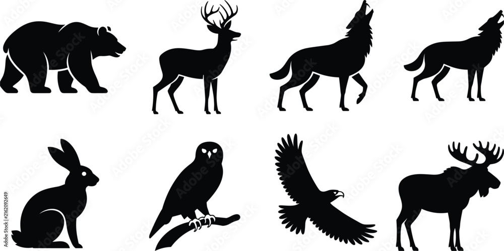Fototapeta premium Set of black animal silhouettes featuring a bear, deer, wolf, rabbit, owl, eagle, and moose on a white background