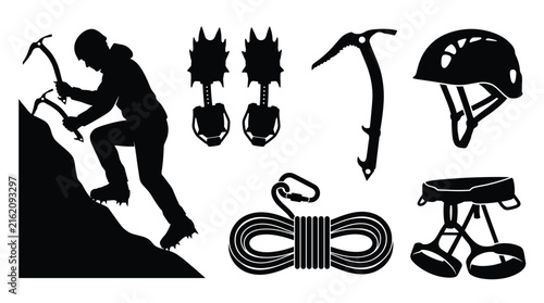 Bild auf Leinwand Black silhouette of mountaineering and rock climbing equipment including a climb