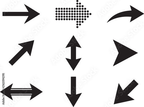 Assorted collection of black arrow shapes including dot style and curved indicators for interface.