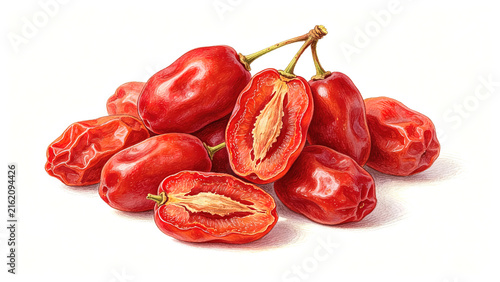 Red jujube fruits watercolor hand drawn botanical illustration isolated on white