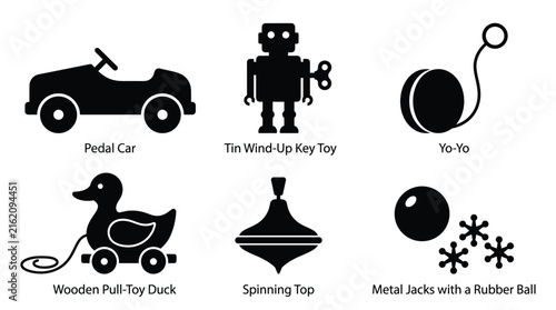 Foto Vintage children toys set featuring a pedal car, tin wind-up robot, yo-yo, woode