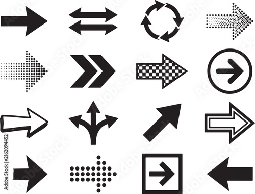 Collection of various arrow icons including thick thin dotted and patterned designs for UI projects.