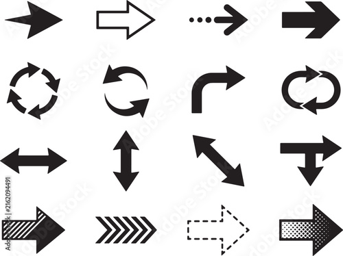 Black arrow icon set with different styles for navigation direction and pointer symbols on grid back.