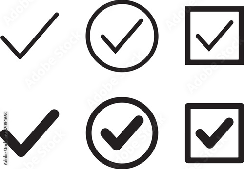 Basic check mark icons inside circle and square frames for website interface and task completion.