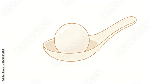 Simple flat illustration of tangyuan glutinous rice ball on ceramic spoon