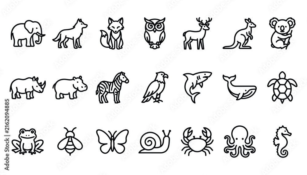 Fototapeta premium Comprehensive collection of wild zoo marine and insect animal outline icons linear vector graphic design illustration set