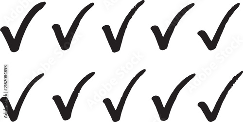 Hand drawn ink brush stroke check mark collection isolated on transparent background artistic icons.