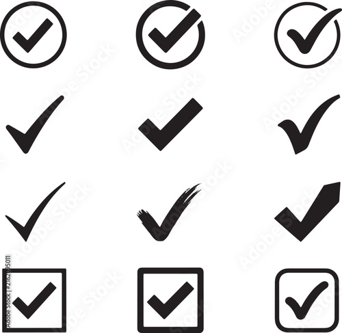 Big set of black check marks and checkboxes for user interface and web design on transparent canvas.