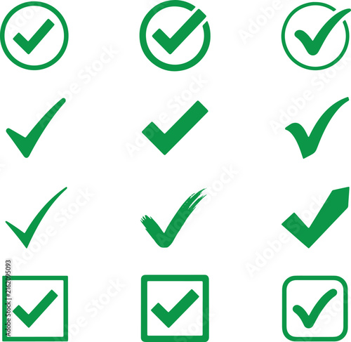 Big set of green check marks and checkboxes for user interface and web design on transparent canvas.