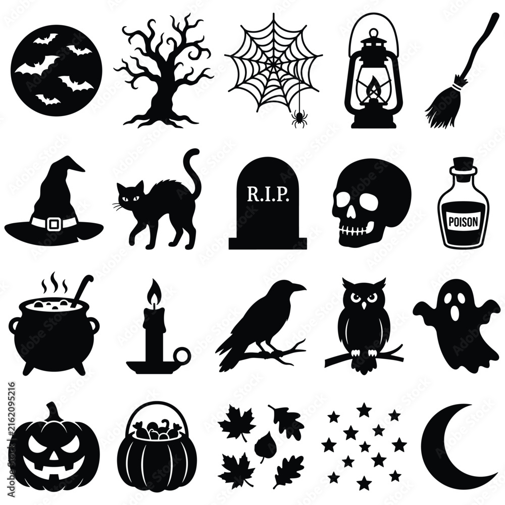 Fototapeta premium Halloween silhouette icons set featuring trees tombstones skulls potions and decorations