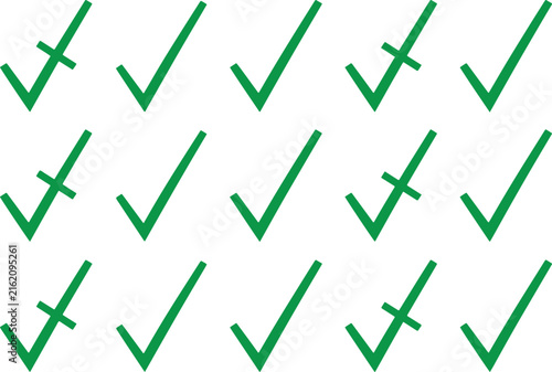 Green check mark icons set with tick and cross symbols on transparent background for success choice.