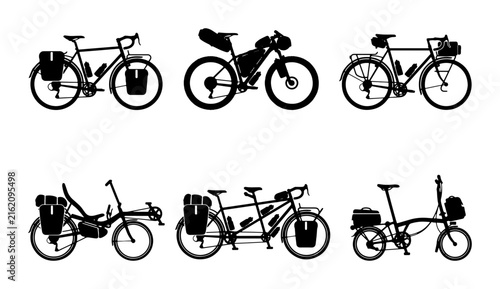 Bild auf Leinwand Bicycle Set: Touring, Commuter, Folding, Tandem, Recumbent Bikes, Vector Icons