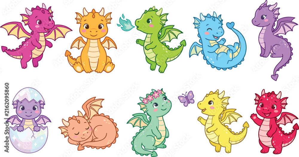 Obraz premium Cute Baby Dragon Character Vector Set Featuring Colorful Fairytale Monsters Hatching From Egg Breathing Fire and Sleeping for Kids Nursery Nursery Graphic Designs