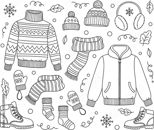 Winter Clothing Doodle Set with Sweater, Hoodie, Scarf, Hat, Gloves and Boots, Cozy Cold Season Outfit Illustration