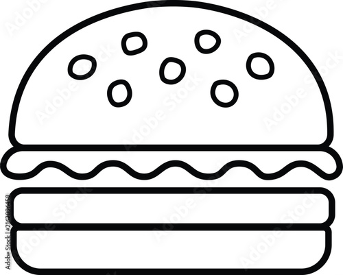 Simple black and white line art icon of a delicious hamburger