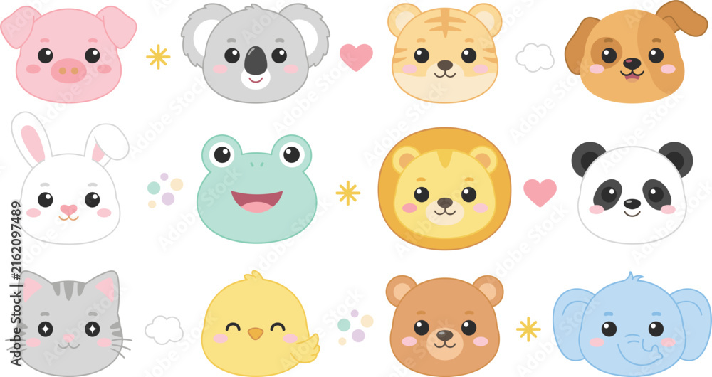 Obraz premium Cute Animal Avatar Vector Set Featuring Cartoon Faces of Pig Koala Tiger Dog Rabbit Frog Lion Panda Cat Chick Bear and Elephant for Nursery Designs